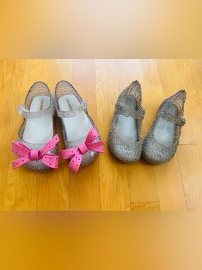 Mini Melissa Gray Jelly Mary Janes with Pink Bow Accent